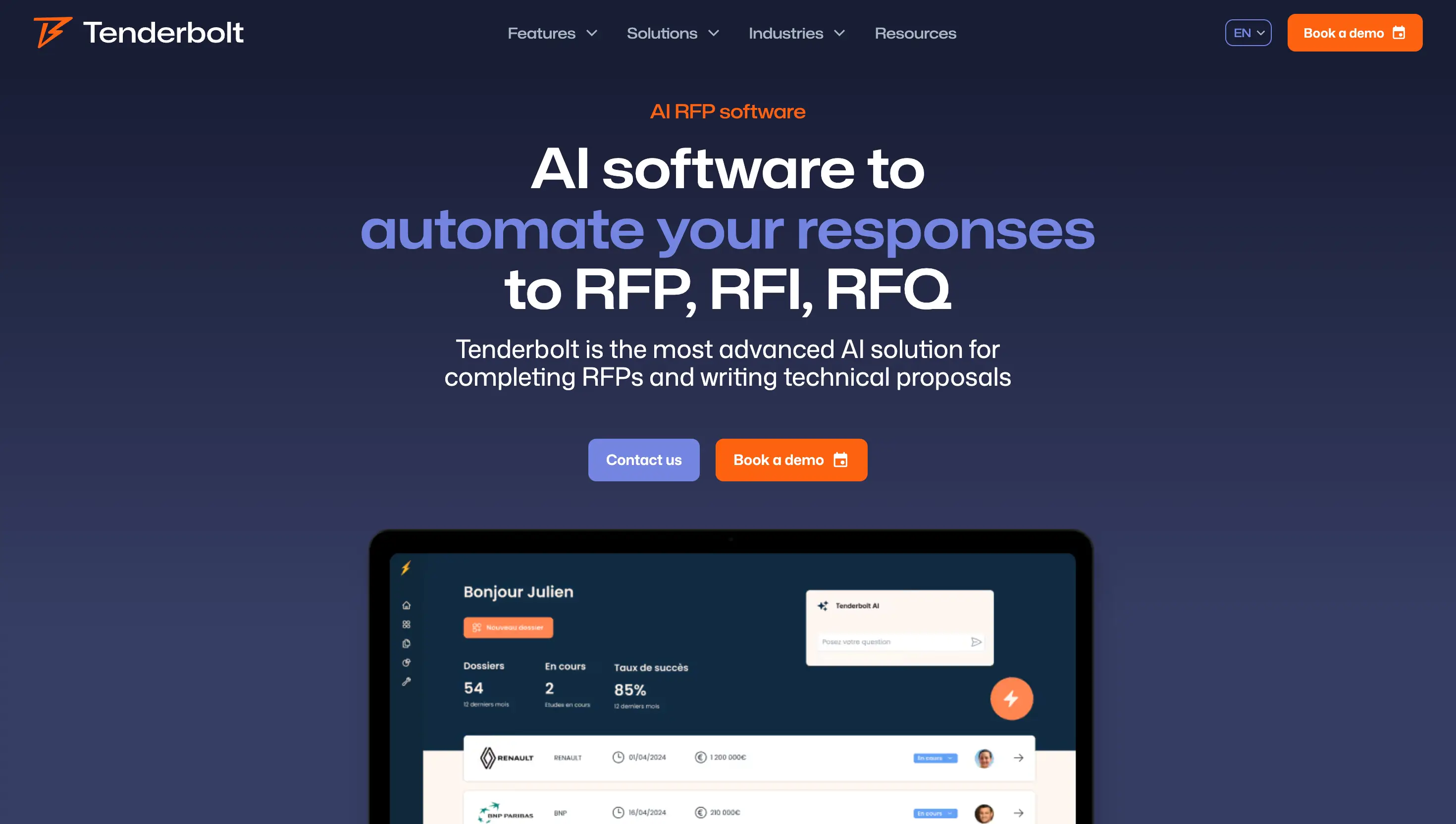 Tenderbolt AI RFP software interface for automated proposal responses
